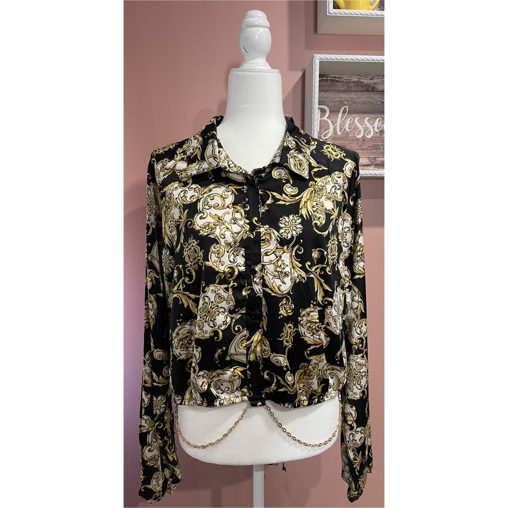 Rue+ Black Gold Satin Wrap Chain Top Size 2X NWT